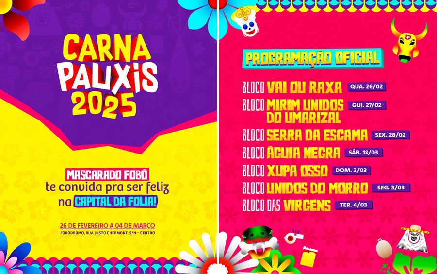  Carnapauxis 2025 começa nesta quarta(26) com o Bloco Vai ou Raxa, confira a programação